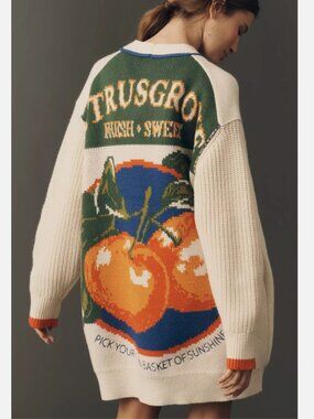 Anthropologie Maeve Cotton Blend Veggie Fruit Motif Cardigan Sweater XS NWT